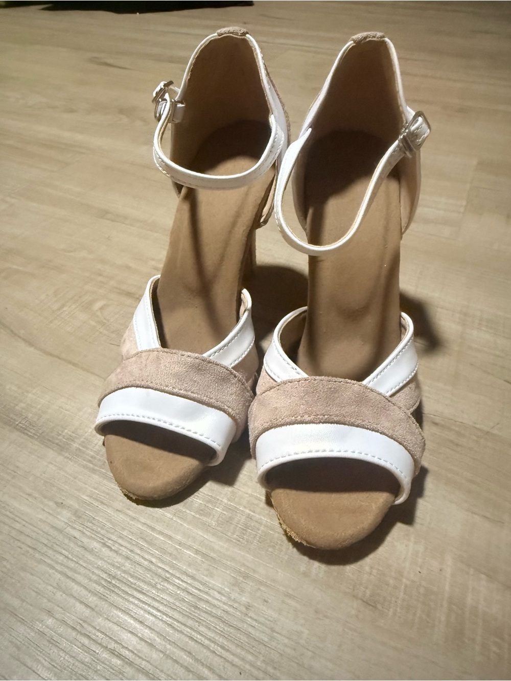 Women’s Ankle-Strap Salsa Dance Shoes in White and Taupe